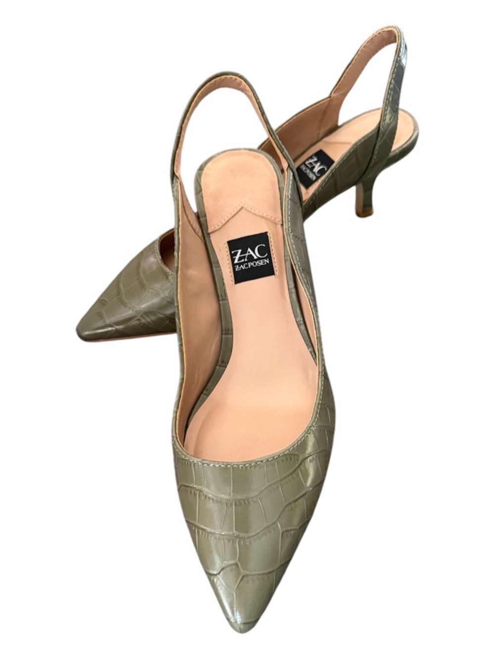 Slingback Kitten Heels Pumps Pointed Toe 6 Zac Posen Pistachio Green Crocodile